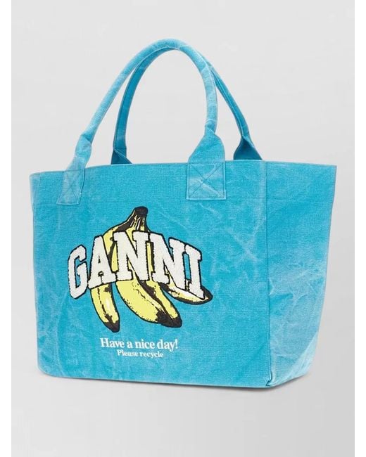 Ganni Blue Canvas Tote Bag Graphic Print Handles