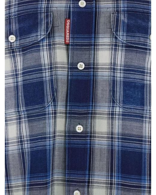 DSquared² Blue Checked Cotton Long-Sleeve Shirt for men