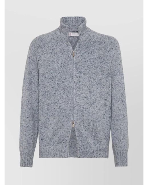 Brunello Cucinelli Gray Cashmere Stand-Up Collar Cardigan With Textured Knit for men