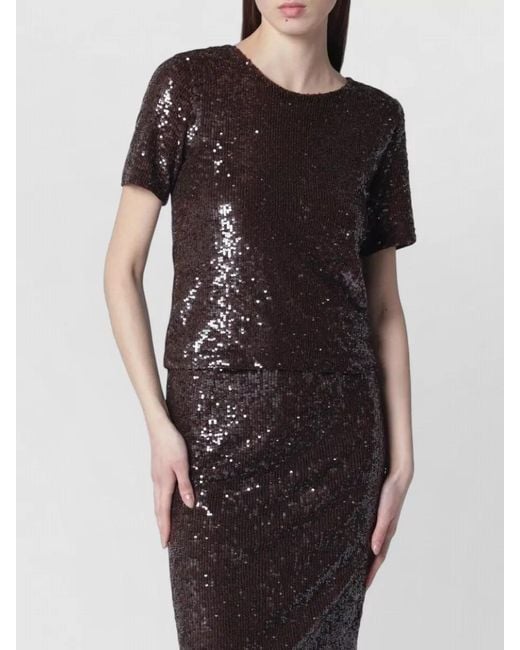 P.A.R.O.S.H. Black Round Neck Sequin Top Short Sleeves
