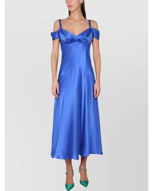 Alberta Ferretti Blue Silk Off-The-Shoulder V-Neck Midi Dress