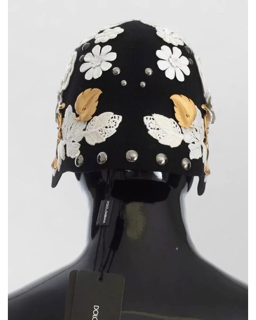 Dolce & Gabbana Black Wool Floral-Embroidered Studded Hat