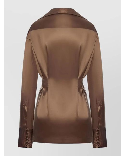 Dries Van Noten Brown Satin Shirt Ruched Long Sleeves Collar