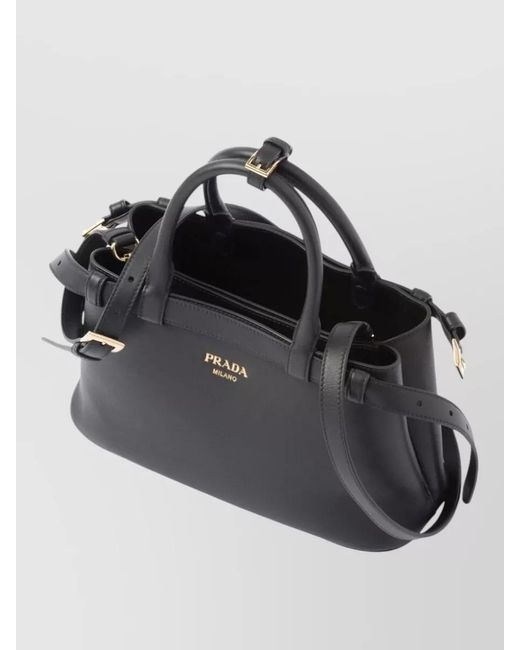 Prada Black Buckle Small Leather Handbag With Double Belt