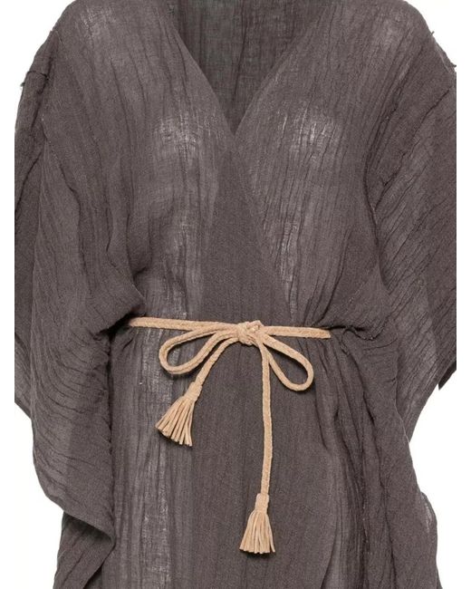 120% Lino Gray Belted Waist Kimono Sleeves Midi Dress