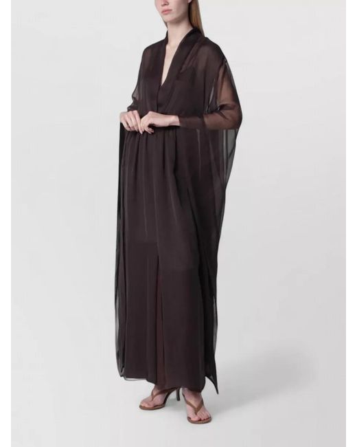 Alberta Ferretti Brown Long Sleeve Layered Sheer Dress V Neckline