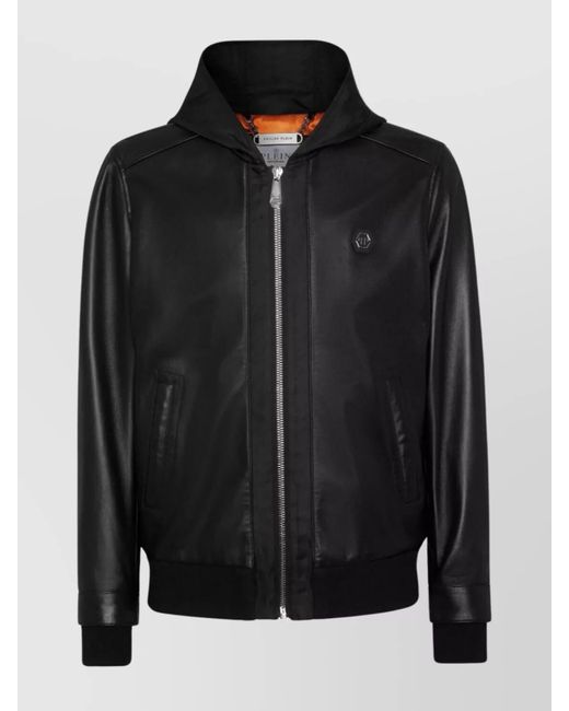 Philipp Plein Black Leather Hooded Bomber Jacket for men