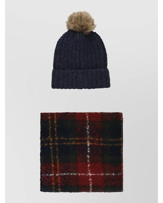 Barbour Blue Plaid Knit Beanie And Scarf Set for men