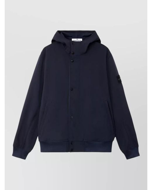 Stone Island Blue Hooded Parka Jacket Ribbed Cuffs Hem Pockets for men