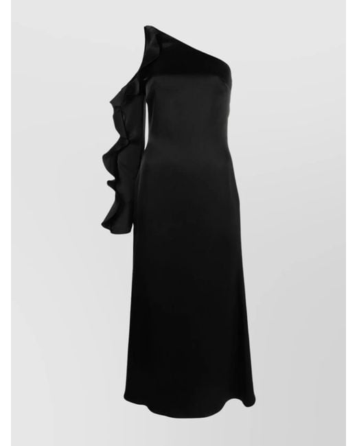 David Koma Black Asymmetric Ruffled One-Shoulder Long-Sleeve Midi Dress