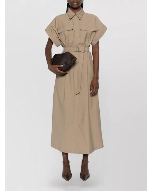 Brunello Cucinelli Natural Cotton Belted Short-Sleeve Midi Dress