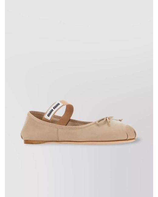 Miu Miu Natural Leather Ballerinas With Round Toe And Bow Detail