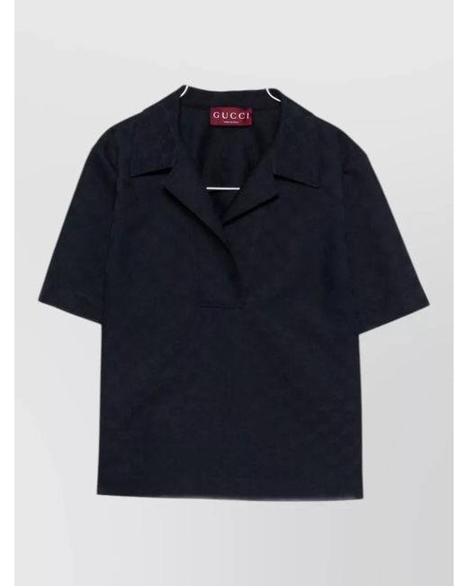 Gucci Blue Collared Textured Short Sleeve Knit Top