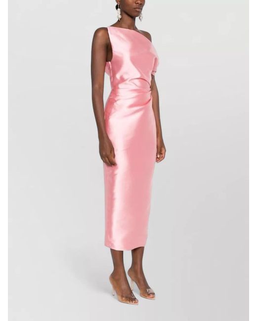 Solace London Pink Ellison Satin Midi Dress One Shoulder