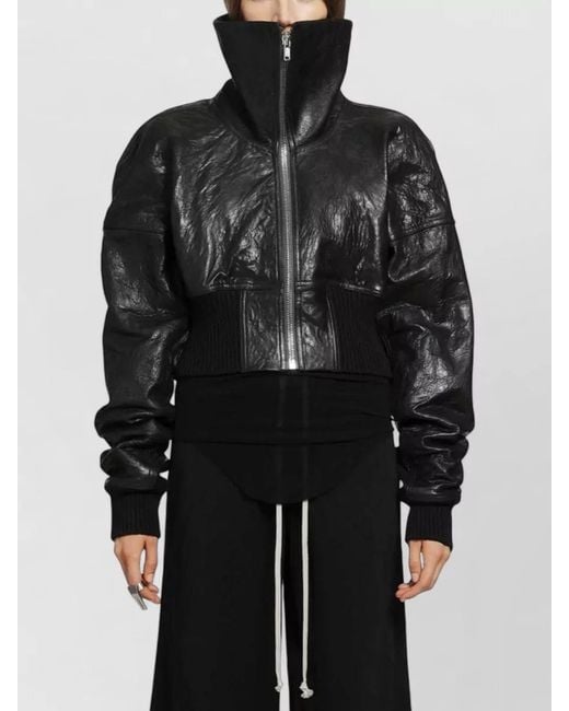 Rick Owens Blue Cropped Leather Bomber Jacket Padded Collar