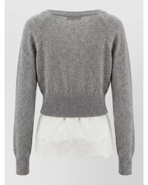 Ermanno Scervino Gray Cashmere Cardigan Cropped Lace Trim V Neck