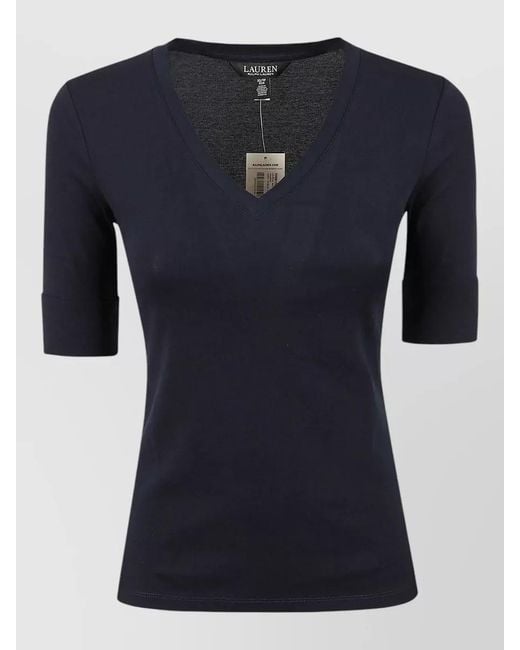Ralph Lauren Blue Judy Knit Top V Neck Elbow Sleeve