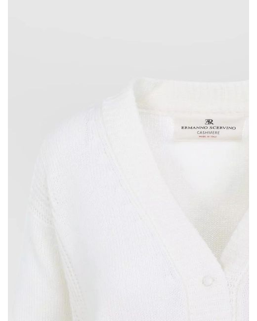 Ermanno Scervino White Lace Trim V Neck Chunky Knit Cardigan