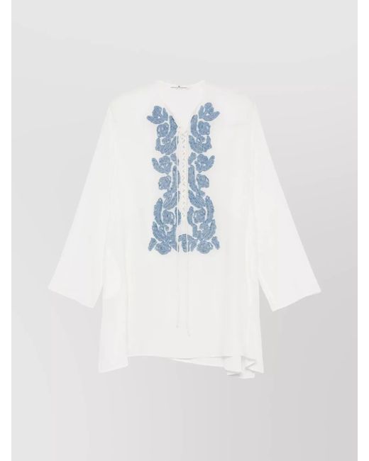 Ermanno Scervino White Silk Kaftan With Embroidered Design And Asymmetrical Hem