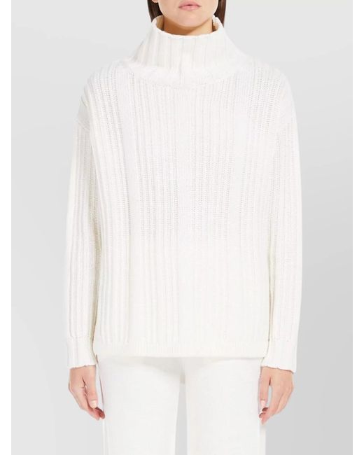 Max Mara White Cashmere Wool Oversized Ribbed Turtleneck Sweater