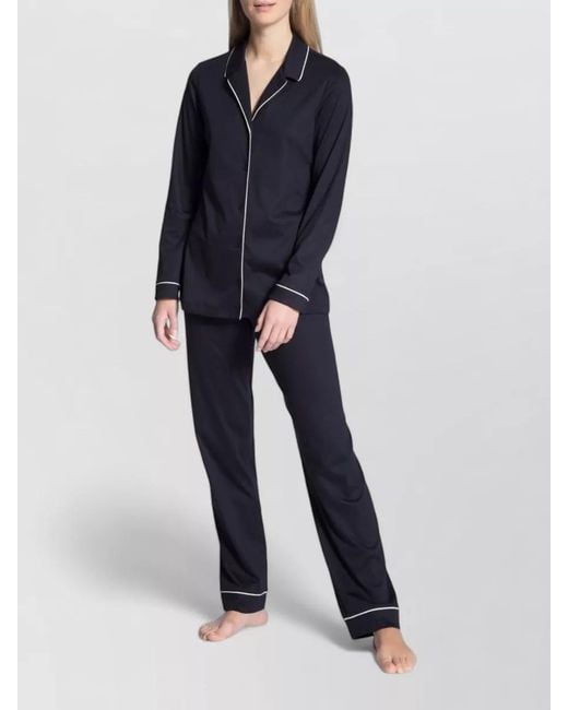 Calida Blue Pyjama Set Contrast Piping Elastic Waistband