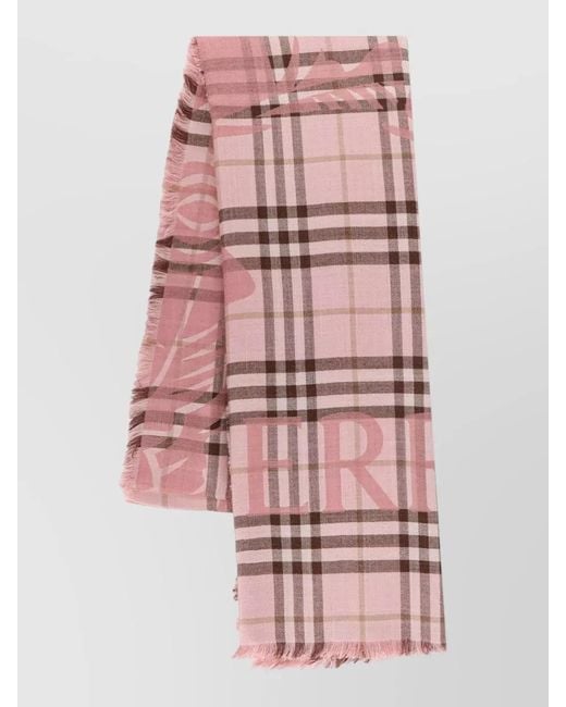 Burberry Pink Wool Silk Scarf Check Pattern Fringes for men