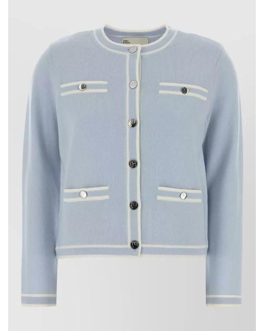 Tory Burch Blue Wool Ribbed Cardigan