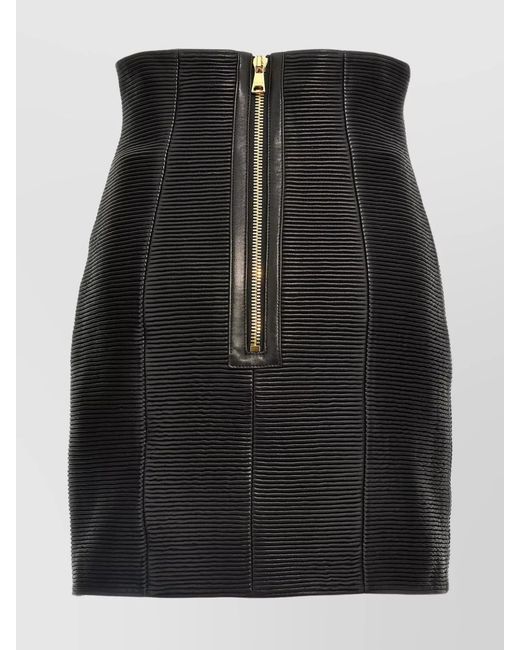 Balmain Black Leather High-Rise Fitted Skirt