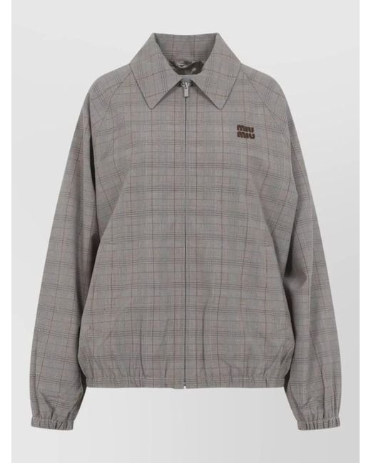 Miu Miu Gray Checked Blouson Jacket Relaxed Silhouette