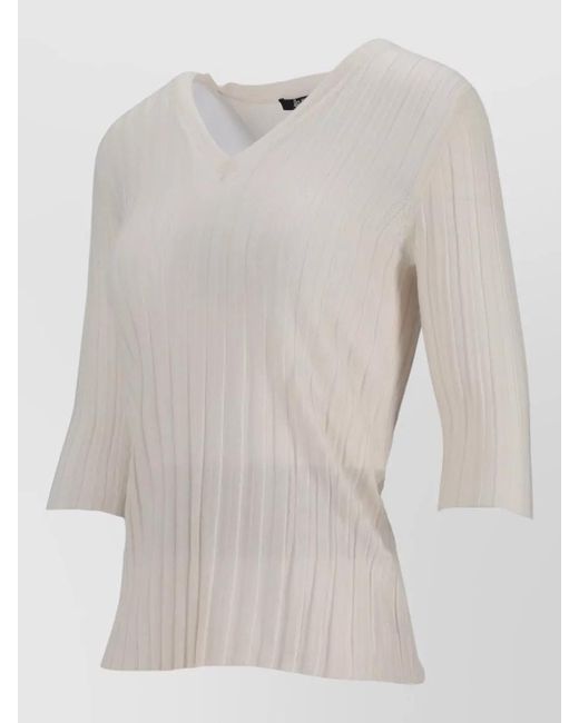 LA ROSE White V Neck Cashmere Silk Knit Top