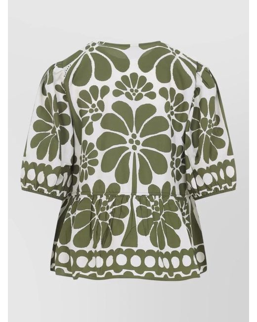 Farm Rio Green Palermo Shirt Drawstring Waist Peplum Puff