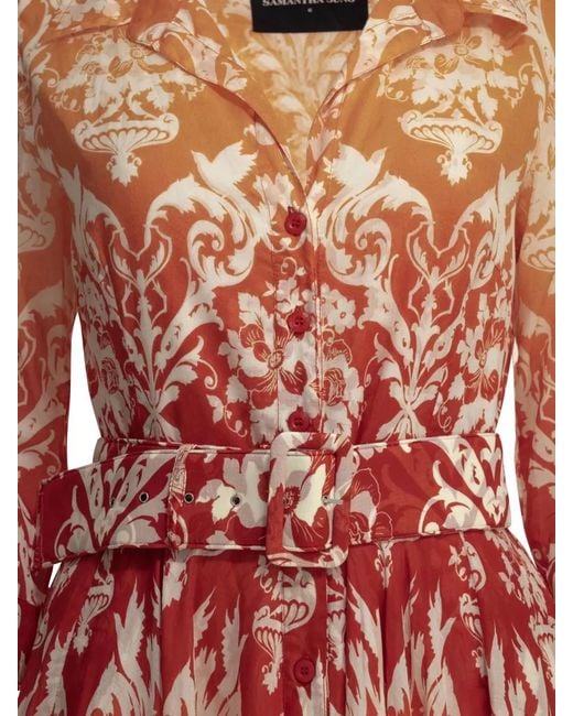 Samantha Sung Red Floral A Line Dress Belted Waist Pleated