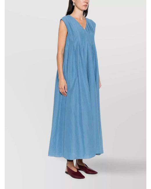 Max Mara Blue Ramie Cotton Sleeveless V-Neck Maxi Dress