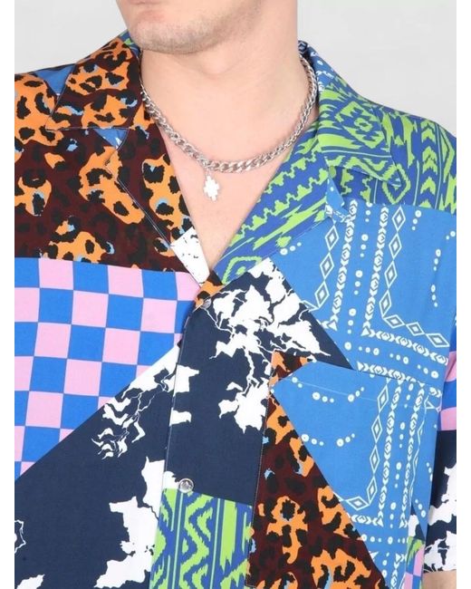 Marcelo Burlon Blue Hawaii Bowling Collar Patchwork Short Shirt for men
