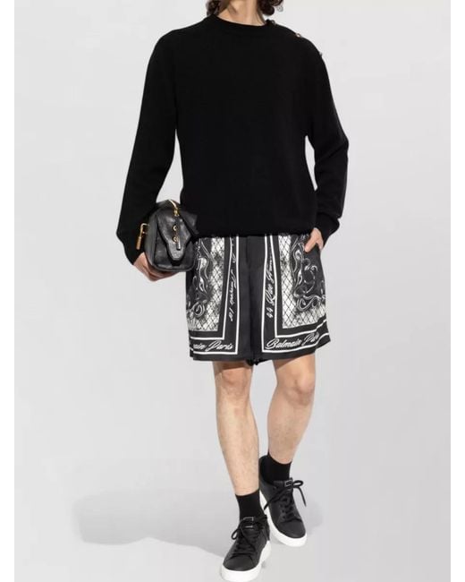Balmain Black Crew Neck Top Button Detail Cuffs Hem for men