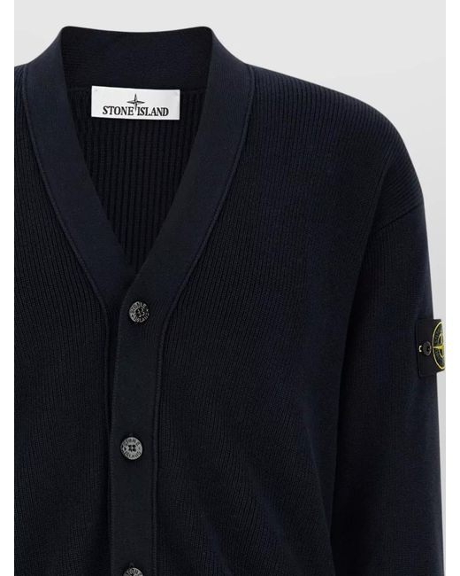 Stone Island Blue Ribbed Cotton V-Neck Cardigan for men