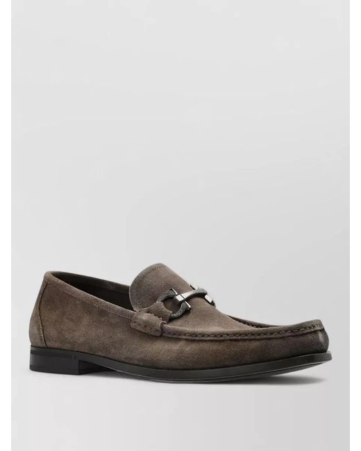 Ferragamo Gray Suede Loafers Gancini Ornament Rubber Sole for men