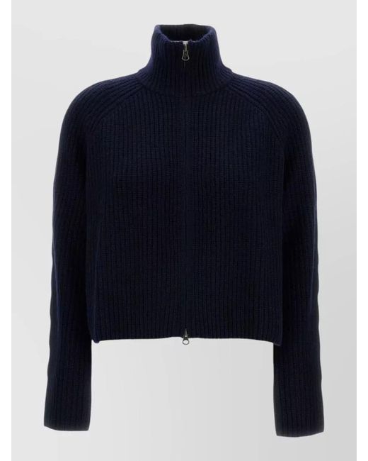 Lisa Yang Blue Cashmere Ribbed High Neck Cardigan