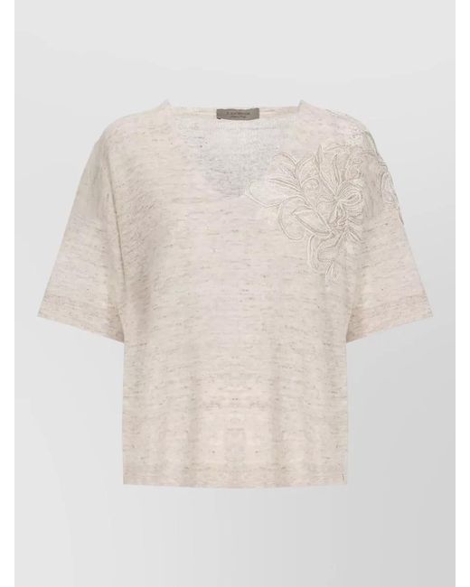 D.exterior White Round Neck Top Linen Cotton Lace