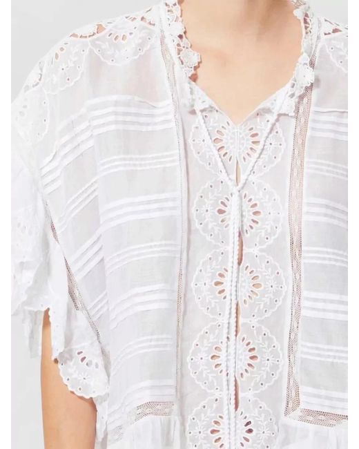 Isabel Marant White Lace Dress Striped Pattern Ruffled Hem Tassels