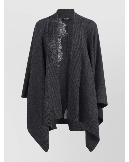 Ermanno Scervino Black Draped Cape With Ribbed Hem And Embroidery