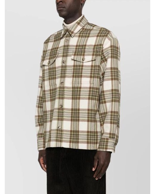 AMI Natural Checked Wool Overshirt Featuring Buttoned Cuffs for men