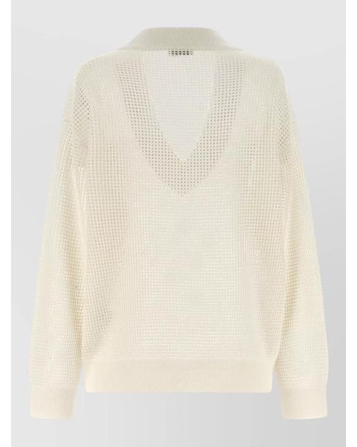 Brunello Cucinelli Natural Mesh Knit V Neck Long Sleeve Sweater
