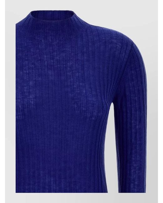 Pinko Blue Wool Ribbed Mock Neck Sweater