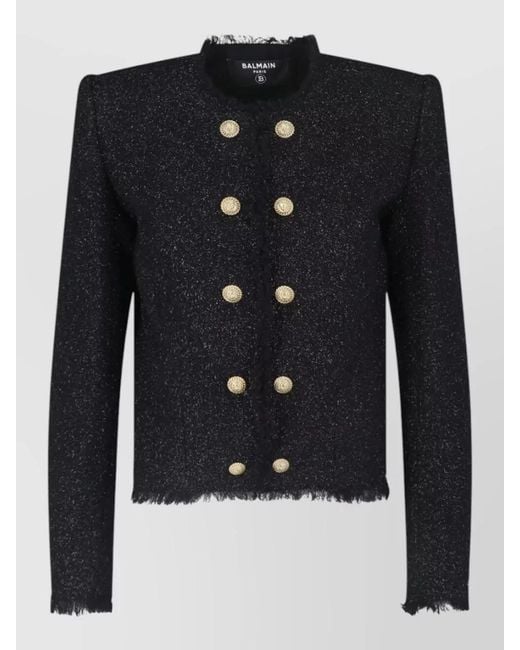 Balmain Blue Structured Shoulder Coat Frayed Edges Buttons