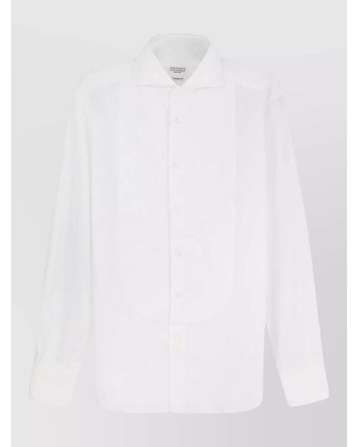 Brunello Cucinelli White Cotton Shirt Long Sleeves Spread Collar for men