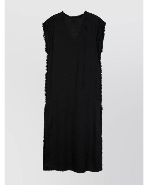 P.A.R.O.S.H. Black Frayed Edges Linen Midi Dress