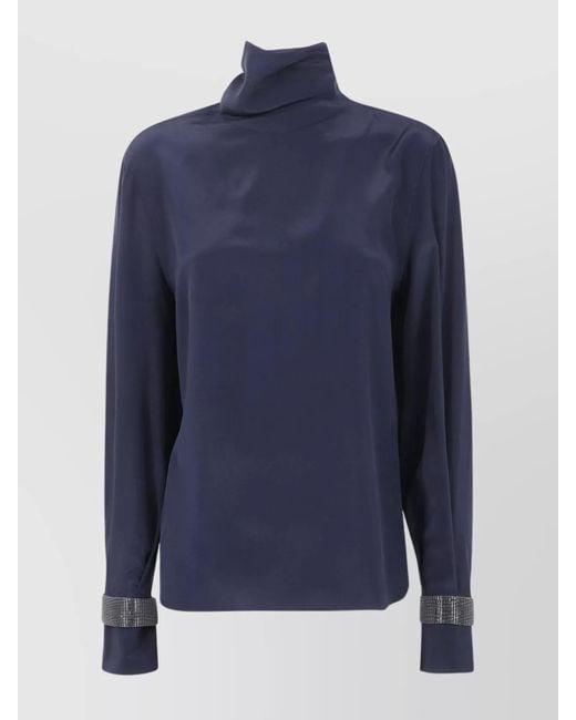 Brunello Cucinelli Blue Silk Turtleneck Blouse