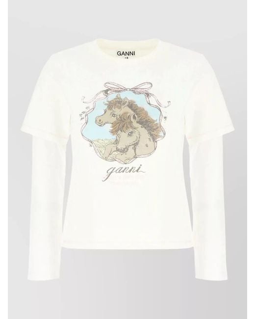 Ganni White Cotton Blend Crew Neck Graphic T Shirt