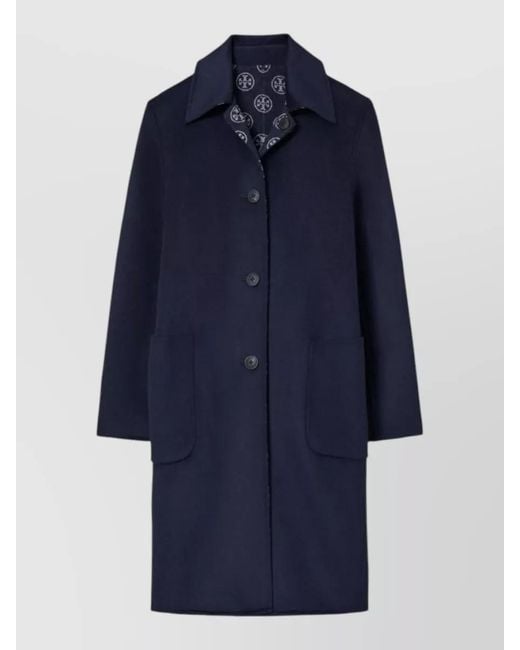 Tory Burch Blue Long Reversible Wool Coat Collared Neck
